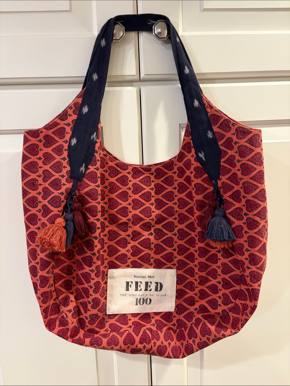 RACHEL Rachel Roy Red Patterned Tote with Navy Straps